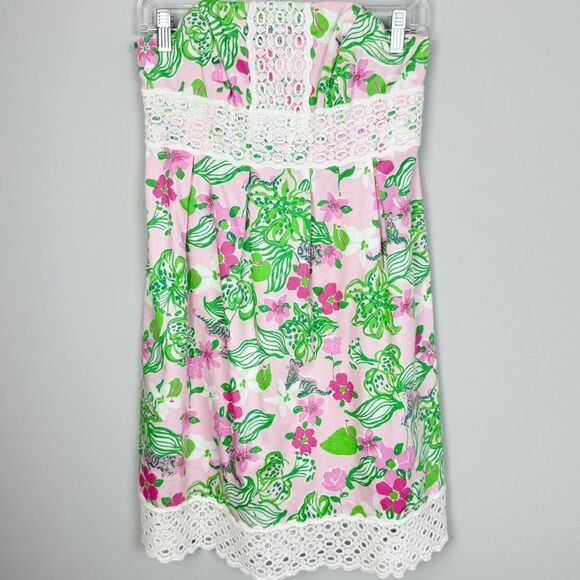 LLILLY PULITZER | Floral Strapless Pink Green Dress Lace Trim Women’s Size 2 - Picture 1 of 8